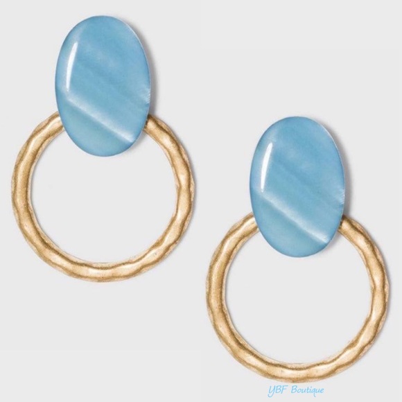New Blue & Burnished Gold Door Knocker Post Drop Hoop Statement Fashion Earrings - Picture 2 of 3